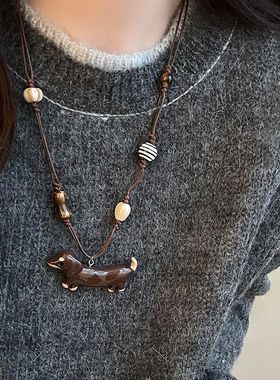 稀奇古怪的项链萌趣卡通陶瓷石塑腊肠狗项链女秋冬可爱复古卫衣链