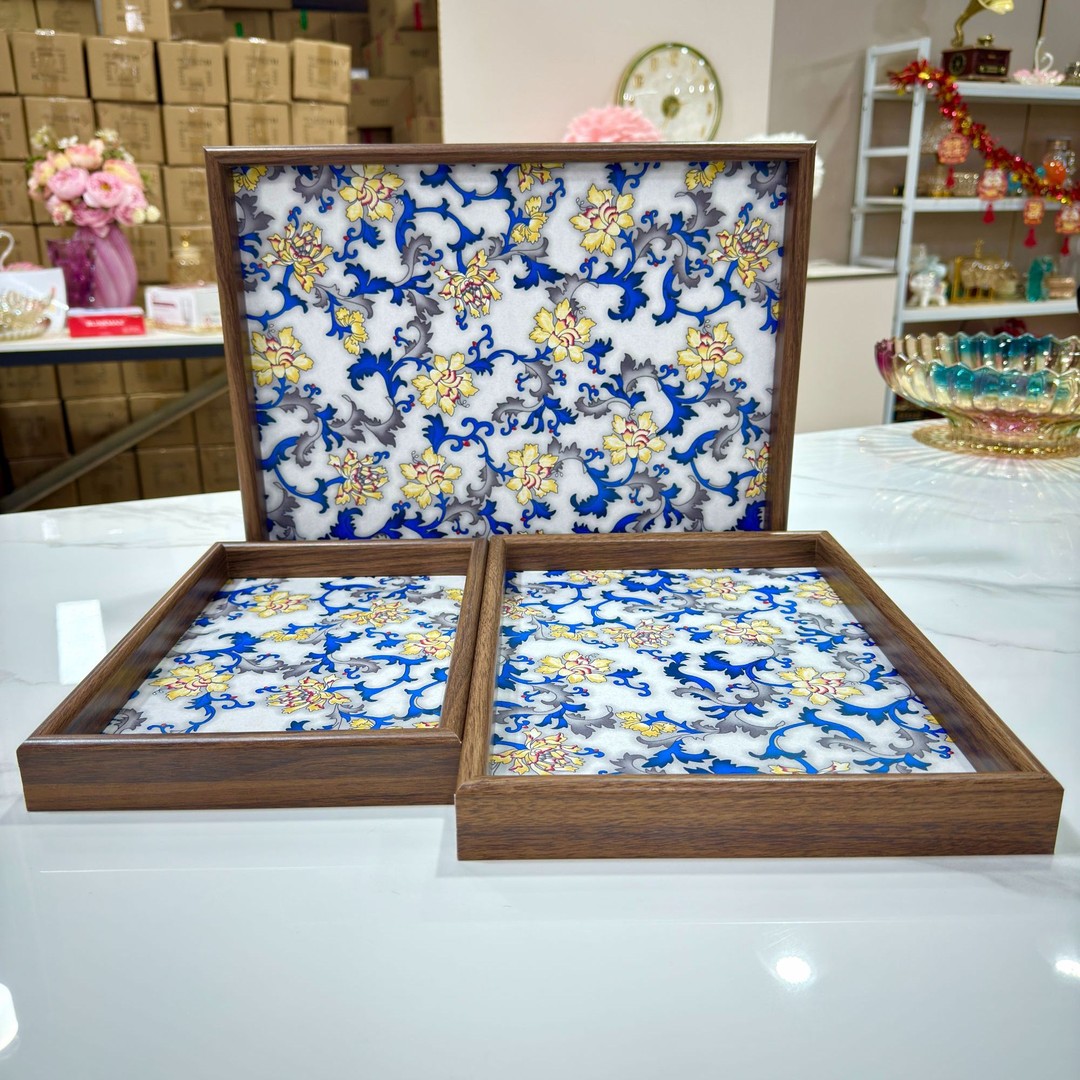 【原单外贸】实木盘餐盘花卉蓝长方形盘中国风茶盘日式复古风平盘