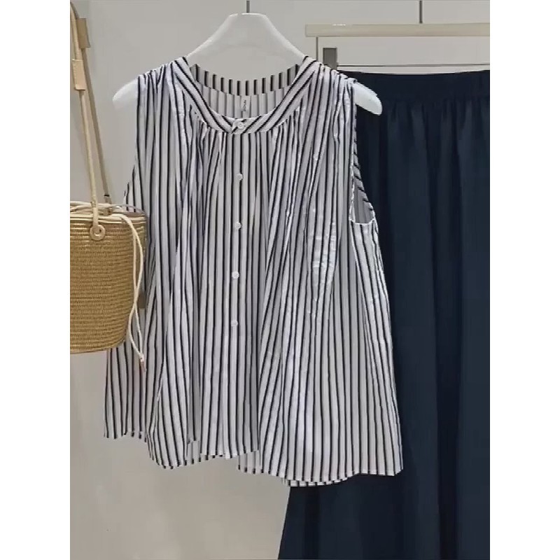 自留爆款推荐~法式复古条纹衬衫女夏季外穿宽松显瘦气质无袖上衣