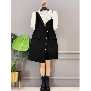 2025春夏新款大码欧美简约通勤拼接A字裙灯笼袖假两件连衣裙