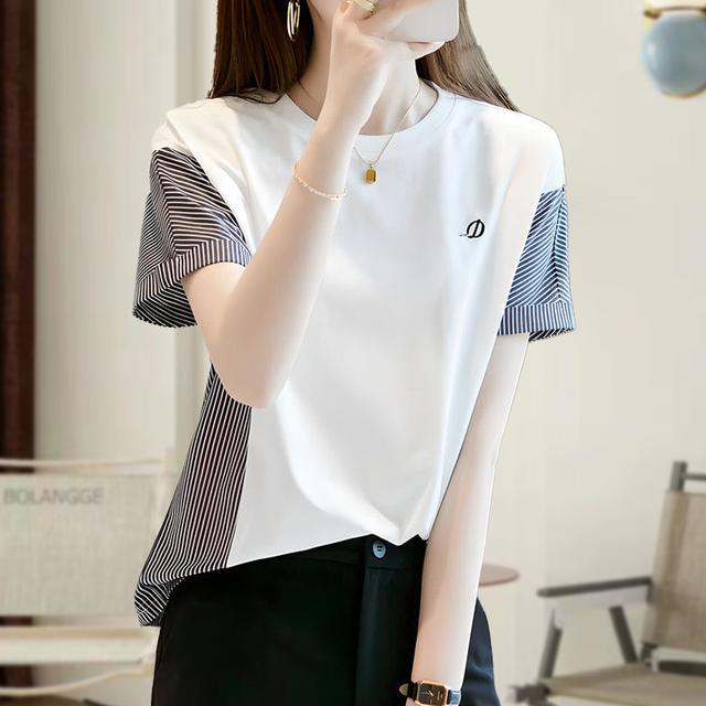 精梳棉条纹短袖T恤女2025夏季新款精梳棉刺绣体恤宽松显瘦上衣潮