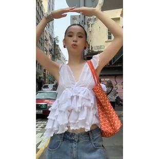 夏季 新款 辣妹纯欲设计感V领吊带背心上衣高腰显瘦宽松蓝色牛仔裤