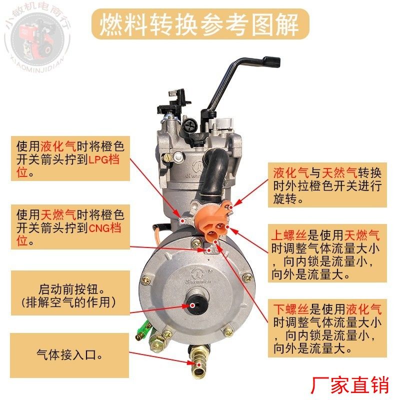 170F 2千瓦6.5KW3KW液化气煤气汽油双燃料发电机190F 燃气化油器