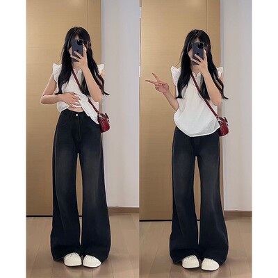 黑灰色高街阔腿牛仔裤女2025春季新款高腰显瘦宽松直筒垂感拖地裤