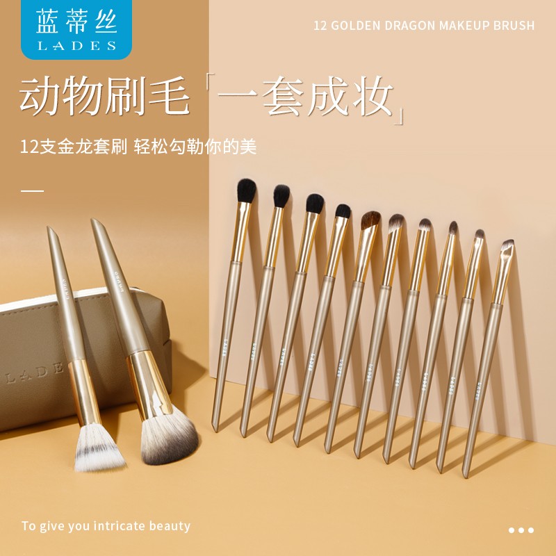LADES/蓝蒂丝12支金龙专业化妆刷套刷动物毛羊毛眼影鼻影刷便携刷