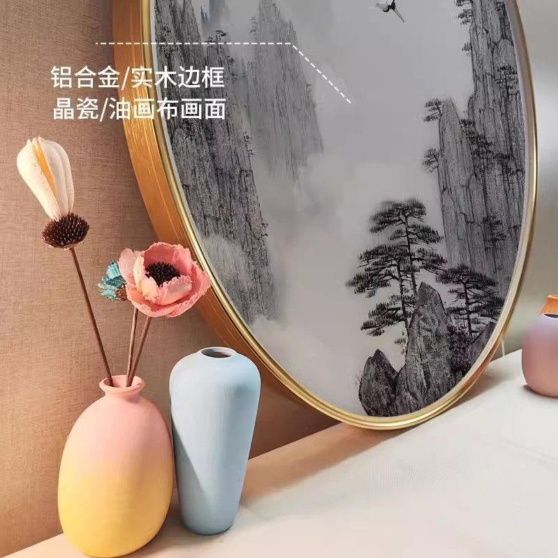 带灯发光圆形装饰画定制挂画新墙画中式玄关客厅轻奢墙壁画框墙面图片