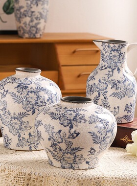 北欧轻奢复古青花瓷陶瓷冰裂纹花瓶插花花器客厅玄关装饰品摆件