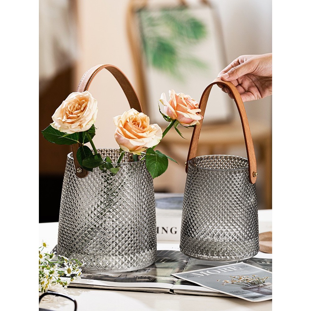 欧式轻奢创意皮革手提花瓶玻璃水养插花玫瑰百合客厅餐桌装饰摆件