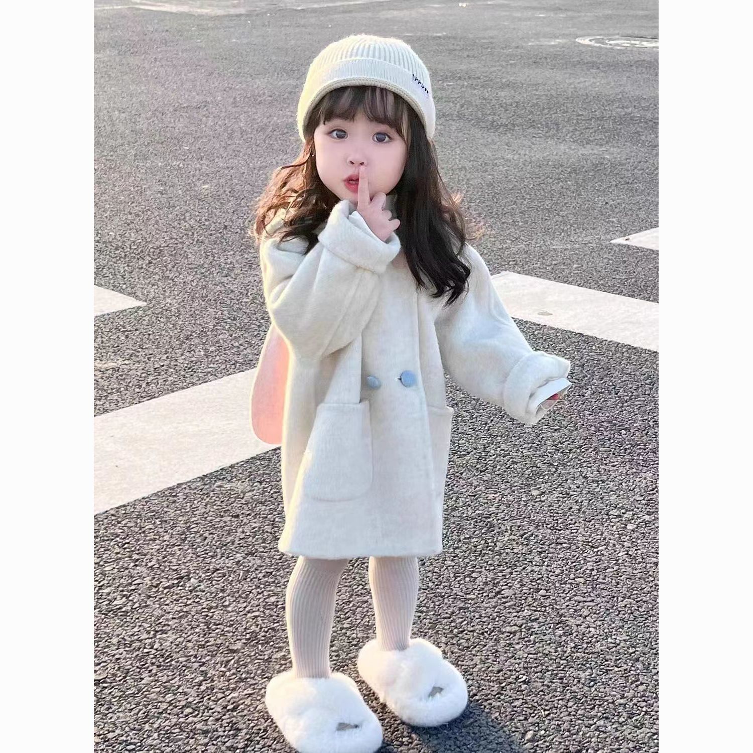 可爱连帽耳朵毛呢洋气呢大衣韩版女童宝宝加厚兔冬季夹棉外套双色