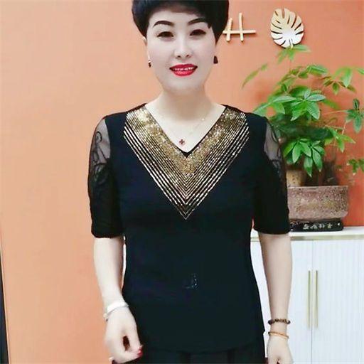 V领时尚烫钻五分袖蕾丝大码打底衫T恤上衣女装中年妈妈百搭夏季款