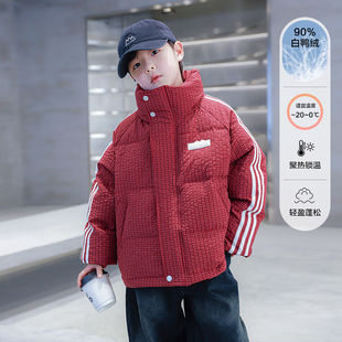 男童冬季红色新年格子面包羽绒服2025新款儿童冬装加厚免洗外套潮