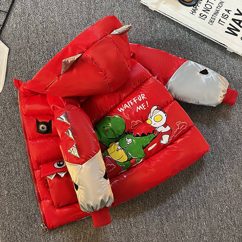 儿童棉衣冬季加绒加厚男童羽绒棉服2-6岁中小童免洗棉袄恐龙外套