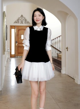 郭九九呢 韩系芭蕾风拼接网纱收腰假两件蓬蓬连衣裙 G925Q01375