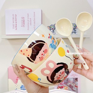 陶瓷6寸面碗2碗2勺家用可爱碗餐具专用高颜值碗盘套 家有儿女.