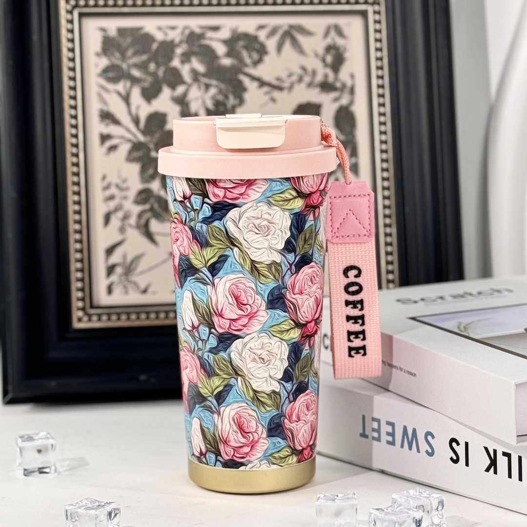 时尚粉玫瑰咖啡杯316内胆高颜值双饮保温保冰咖啡杯