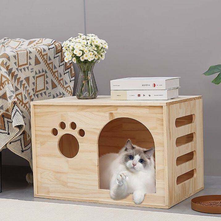 实木猫窝宠物狗房子松木环保床头柜一体猫钻窝小型宠物猫泰迪犬舍
