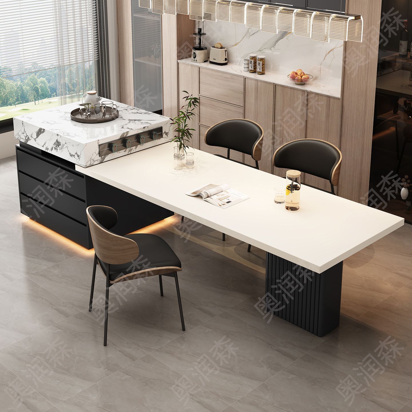 奥润森岩板岛台餐桌椅组合简约现代家用可伸缩一体多功能泡茶茶几