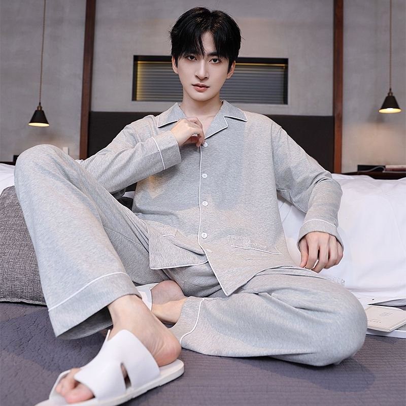 男士睡衣春秋季长袖开衫休闲简约睡衣/家居服套装