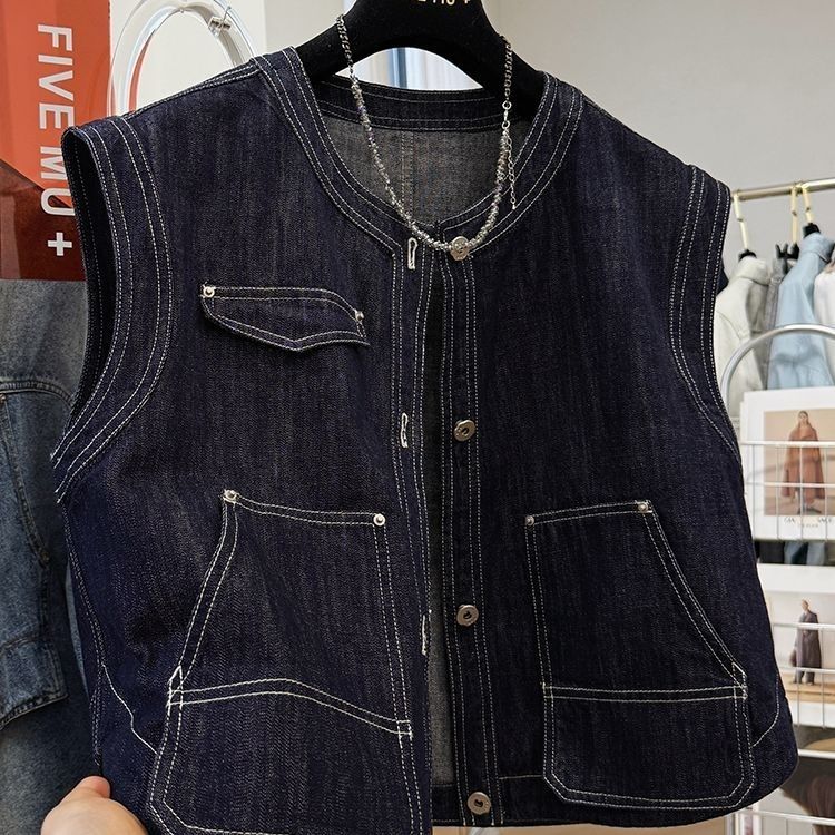 高级感独特别致超好看无袖短款牛仔马甲背心外套女春坎肩外穿上衣