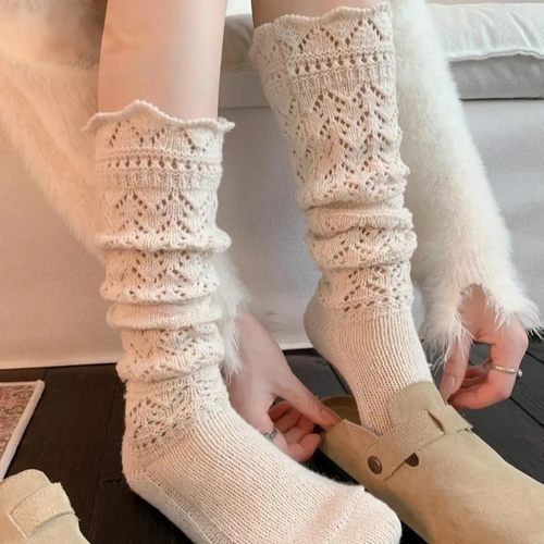 高品质 穿搭感镂空韩系针织花型甜美网眼女针织镂空小腿堆堆袜