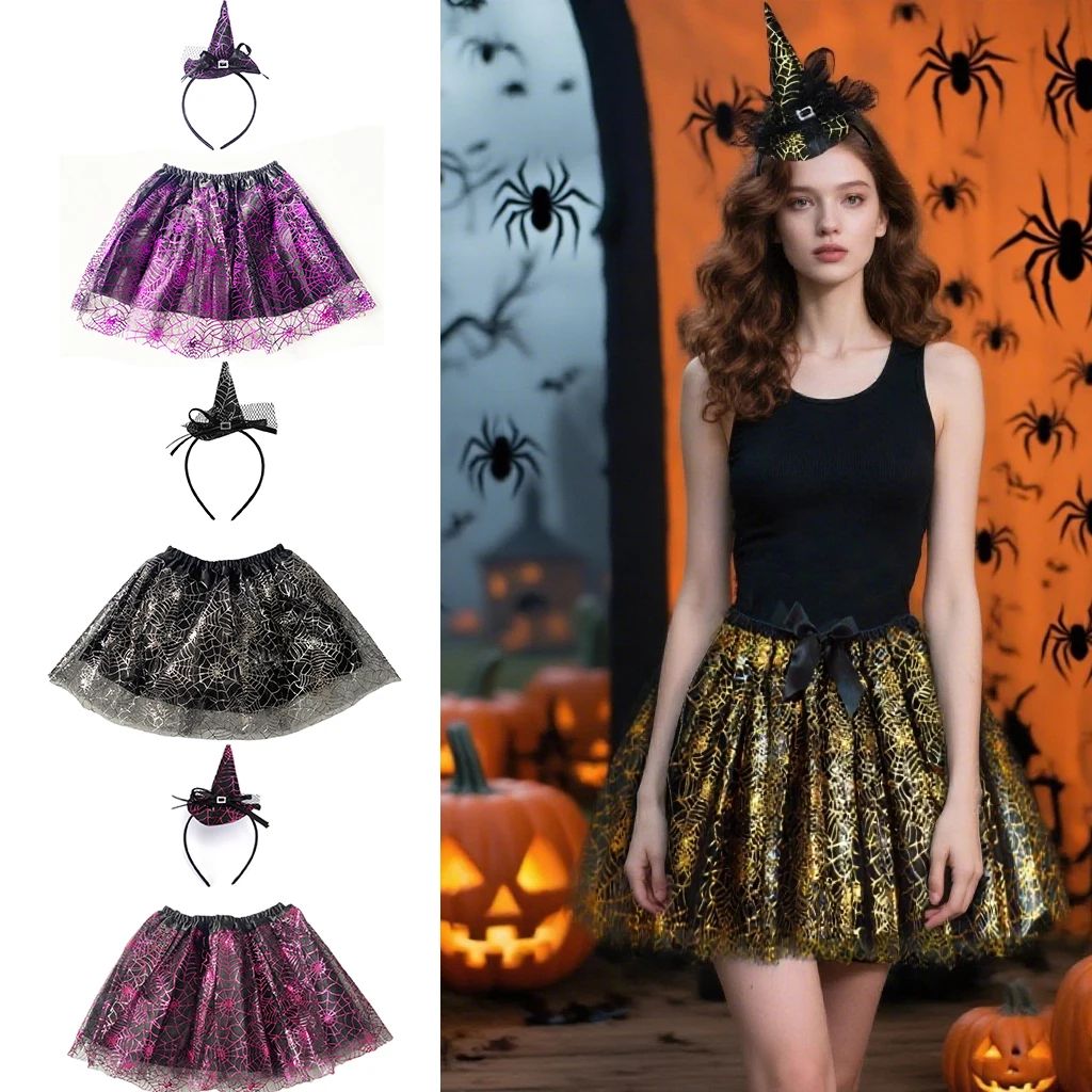 Kids' Women Halloween Spider Tulle Skirt with Witch Hat Head