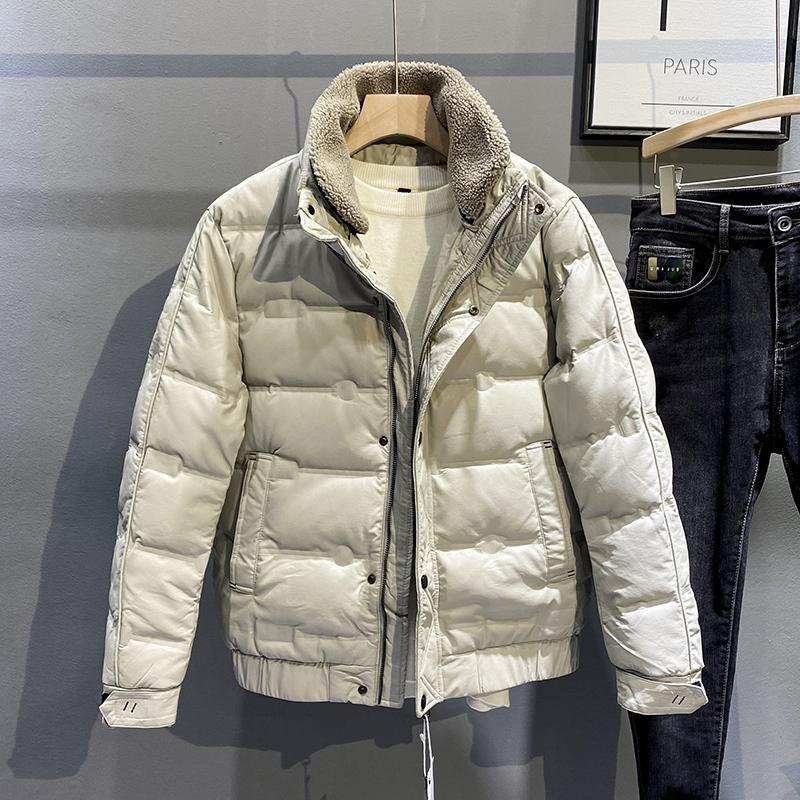 帅气冬季新款防风皮羽绒服潮男韩版修身短款毛领立领加厚保暖外套
