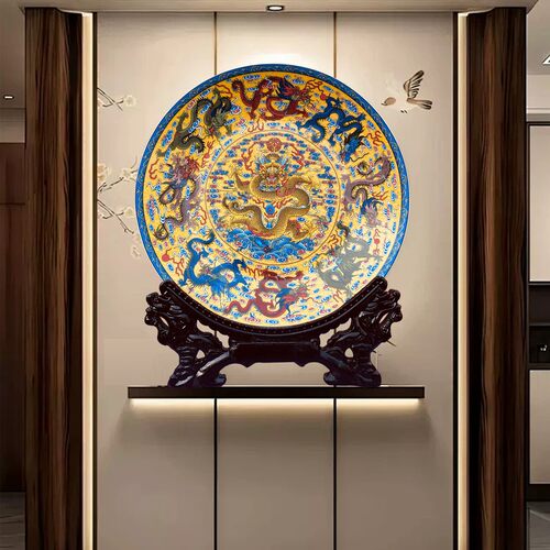 景德镇陶瓷器摆件龙图案赏盘挂盘九龙盘新中式家居玄关现代中式盘