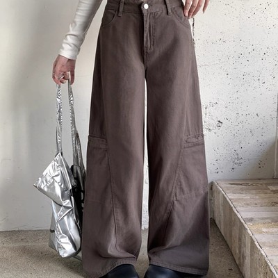 小个子定制美式复古工装牛仔裤女小个子高腰直筒阔腿裤牛仔裤