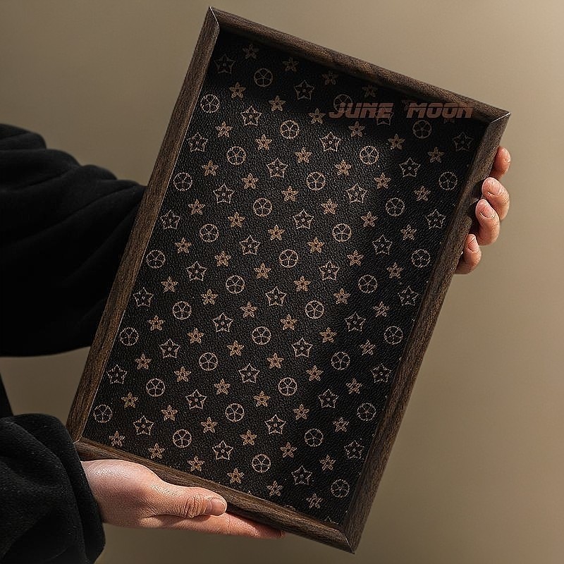 胡桃木色皮革托盘经典花色轻奢饰品手串收纳托盘客厅餐厅家用盘