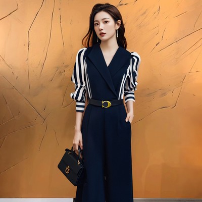 【送腰带】2025春季新款气质通勤条纹拼接高腰系带连体裤女D0522