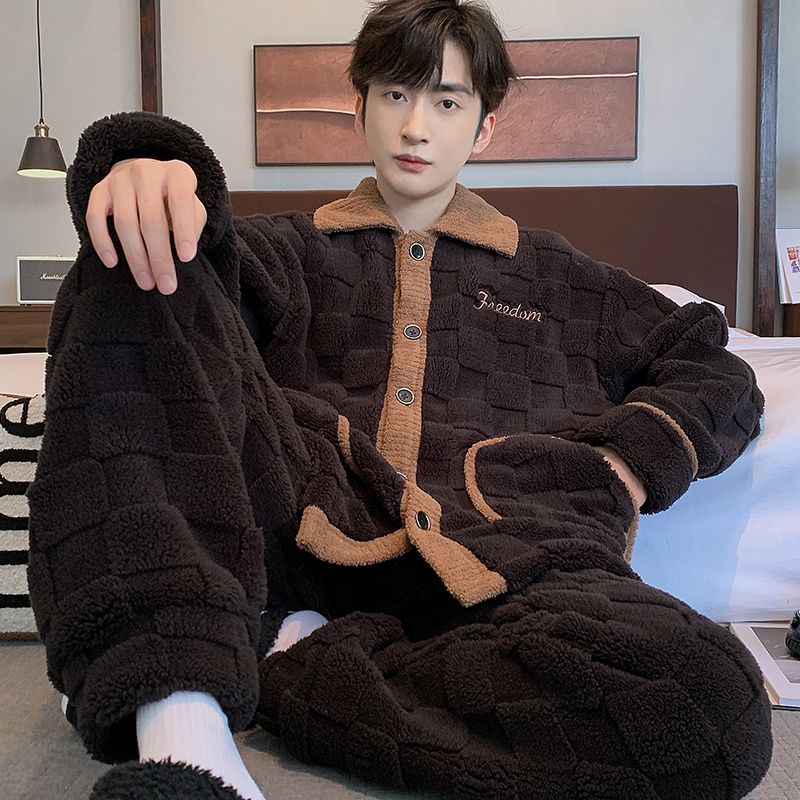 珊瑚绒睡衣男冬天加厚保暖简约V领开衫家居服男生法兰绒大码套装