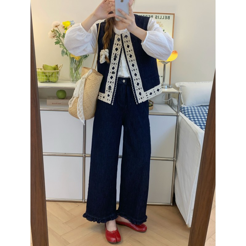 丹宁蓝牛仔早秋显瘦防掉色弹力腰小个子九分直筒裤蕾丝牛仔