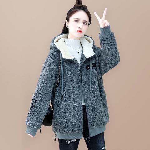 羊羔绒毛外套女中长款连帽2025秋冬季新款加绒加厚卫衣宽松摇粒绒