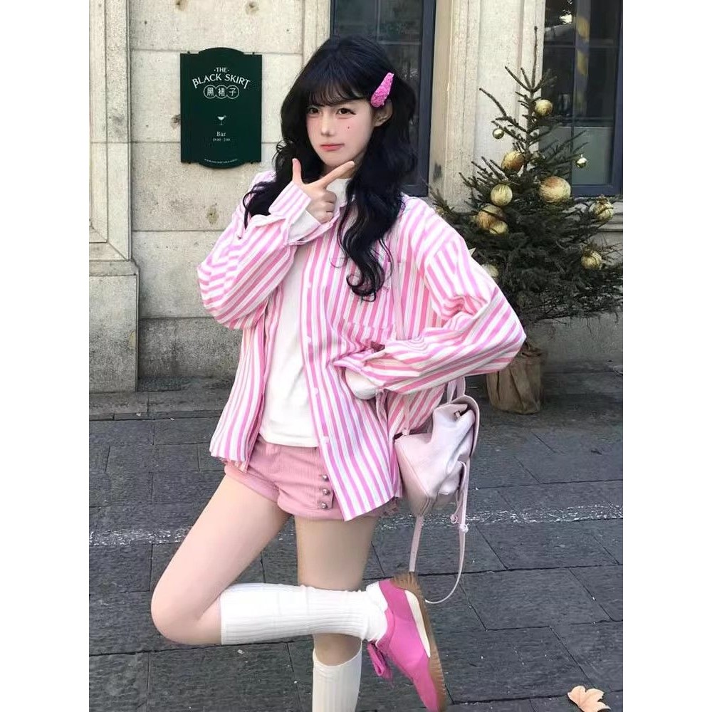 多巴胺粉色条纹衬衫女初春季宽松休闲衬衣外套oversize学院风上衣