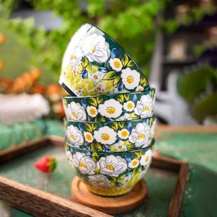 兮房 浅茉5英寸米饭碗家用圆口饭碗带勺大号陶瓷釉下彩网红高颜值