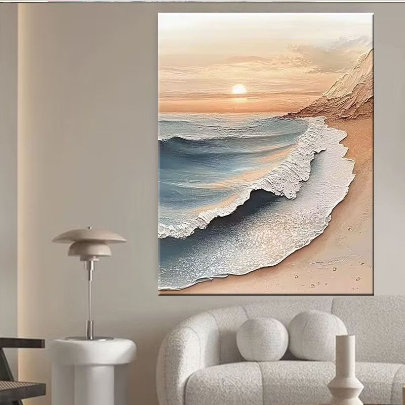 纯手绘油画日出风景客厅玄关装饰画奶油风砂岩立体肌理主卧床头画图片