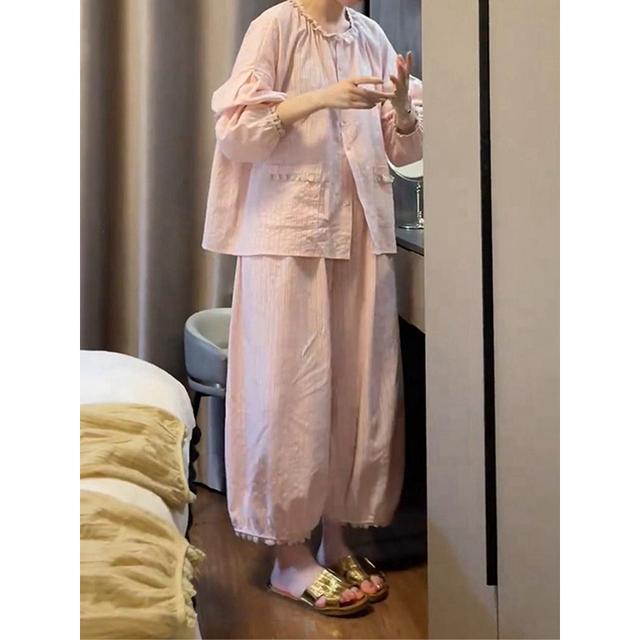 2025春秋睡衣女大码长袖休闲套装灯笼袖条纹蕾丝宽松可外穿家居服