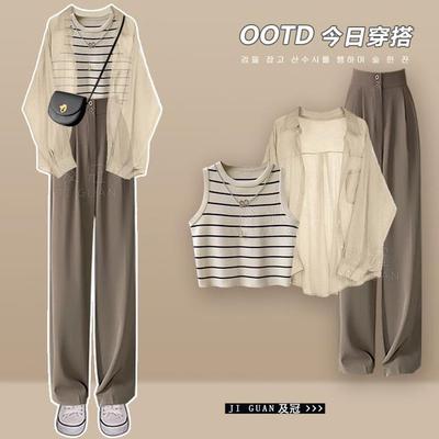 夏季套装女2025新款大码时尚防晒衬衫吊带背心搭显瘦阔腿裤三件套