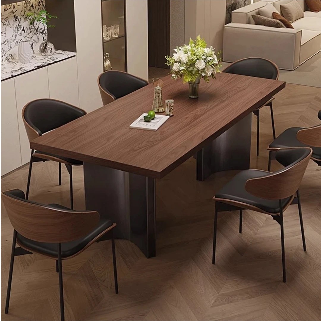 胡桃色木纹岩板悬浮新款餐桌家用设计师小户型下挂一体饭桌