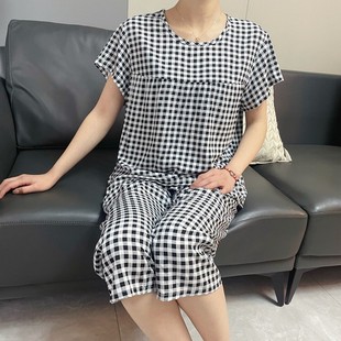 睡衣女新款 中青年人短袖 夏季 女士棉绸家居服套装 七分裤 两件套薄款