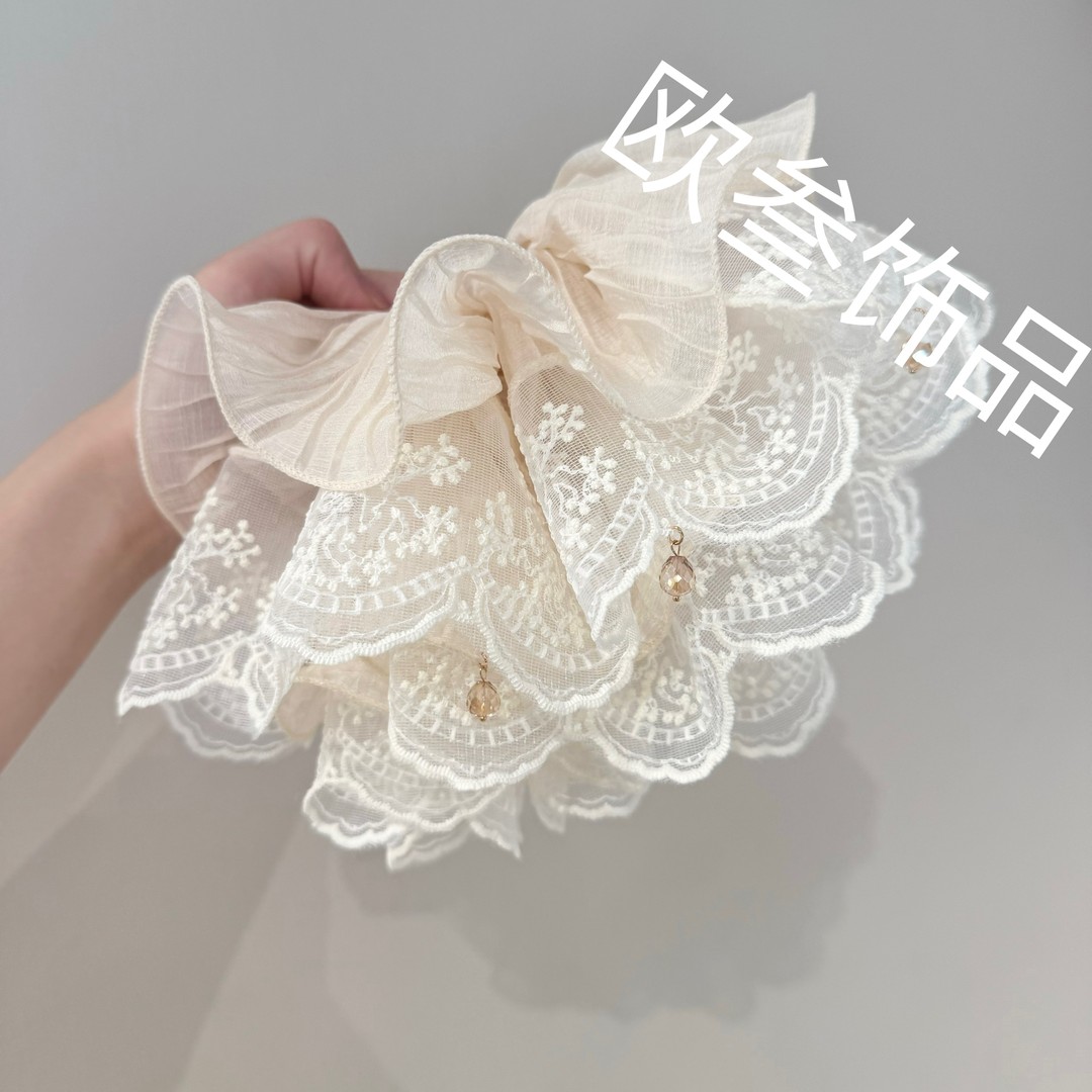 dcq723超大版褶皱蕾丝纱料做旧复古百搭单圈大肠圈发饰纯手工