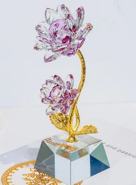 紫色双头并蒂莲水晶莲花树客厅玄关家居装饰摆件
