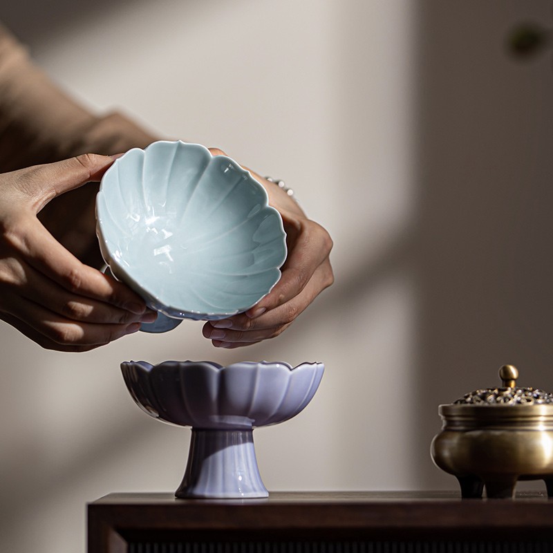 【时南】莲花中式茶点盘陶瓷高脚果盘点心盘茶室小吃零食甜品糕点