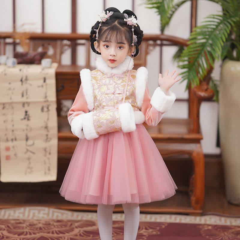 女童连衣裙秋冬款2025新款加厚女孩拜年服冬季儿童唐装汉服礼服裙