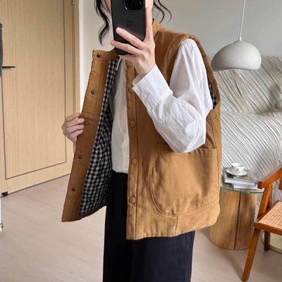夹棉马甲女日杂风冬季新款复古宽松小个子立领叠穿短款背心棉袄