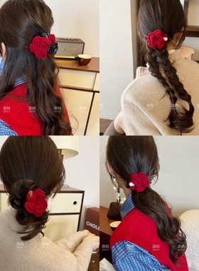 送你一朵小红花！秋冬红色毛线玫瑰花朵发夹女后脑勺抓夹发圈横夹