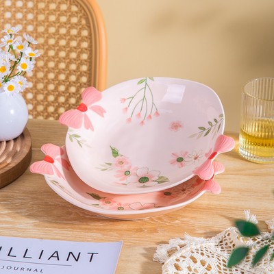 家用陶瓷餐具美二烧釉下彩珊瑚海系列9.5英寸蝴蝶结双耳盘(2个装)