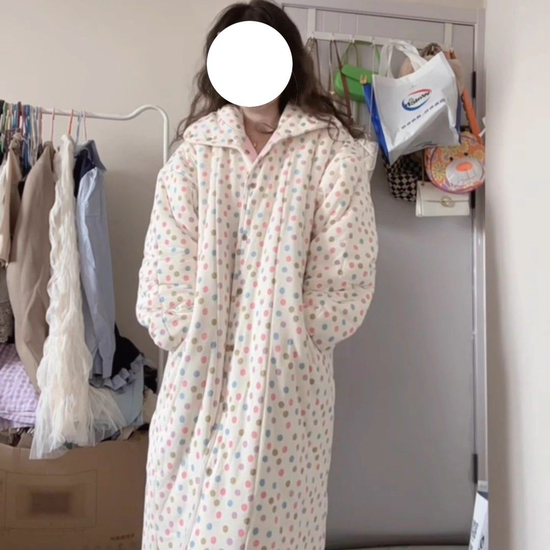 网红同款波点冬季冬款加厚加绒中长款睡袍可外穿长款家居服睡衣