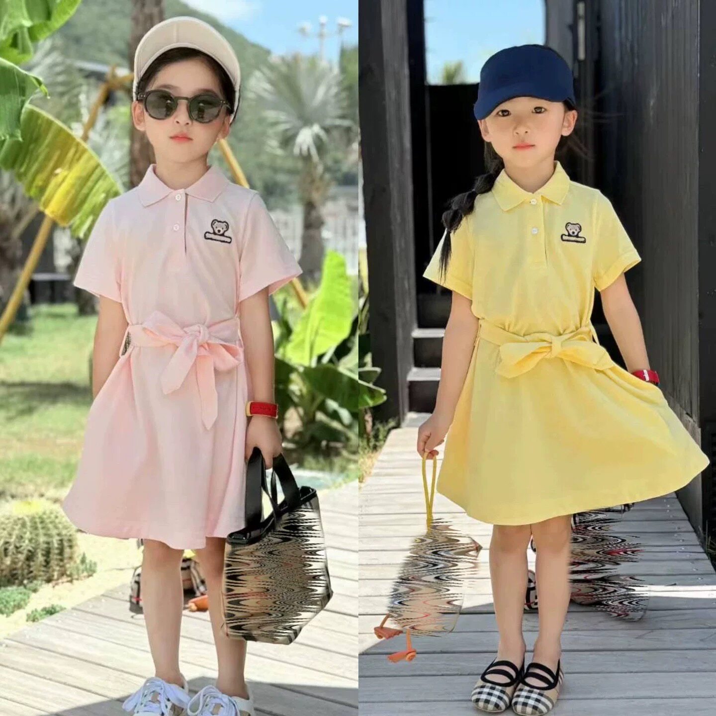 夏季新款潮童装小熊头字母刺绣儿童腰带短袖连衣裙女童polo裙