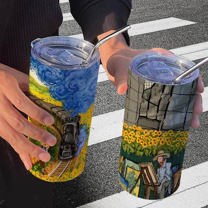 梵高油画艺术咖啡网红高颜值不锈钢保温杯办公室吸管随行水杯